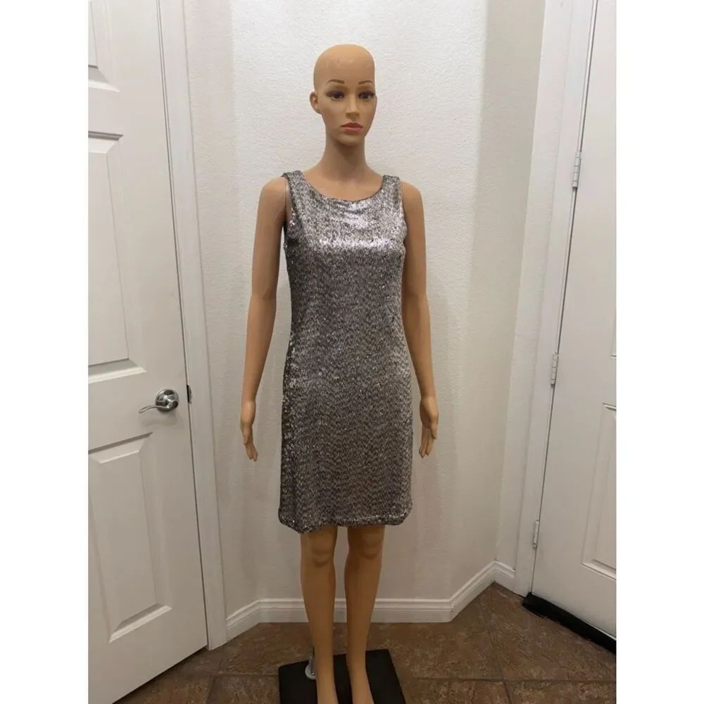White House Black Market Size XS Silver Metallic Sequin Midi Dress Sleeveless